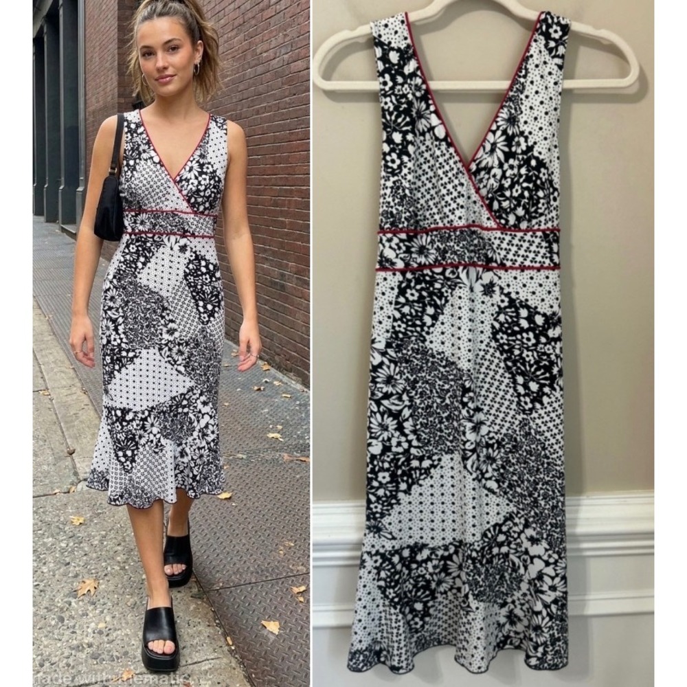 Sfuzi Size M Vtg Y2k Babydoll Tie Back Dress Patchwork Floral Black White Red